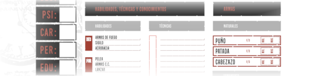 Imagen de la sección de Armas Naturales en la hoja de personaje