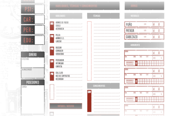 Imagen de la sección de Técnicas y Conocimientos en la hoja de personaje